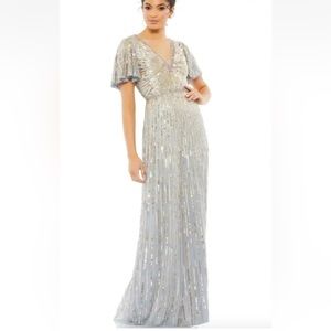 Mac Duggal grey rose gold/silver heavily beaded sequin evening gown